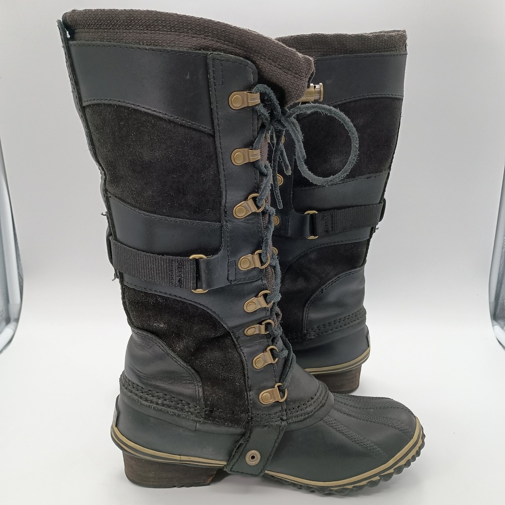 Sorel Conquest Carly Black Leather Rubber Tall Boots Womens 6.5 Rain Winter - Picture 8 of 14